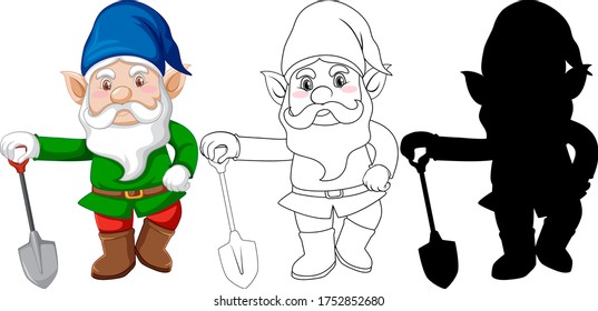 Gnome with shovel in color and outline and silhouette in cartoon character on white background illustration