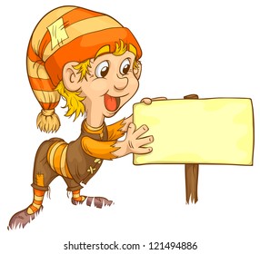 gnome shows a sign banner. Sweetheart vector illustration.