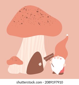 A gnome with a sign "sweet home" stands at the mushroom house. Flat vector illustration.