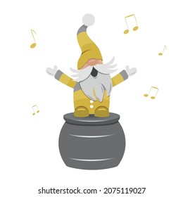 Gnome Singer stand on pedestal and sings. Notes flying around. Concert.