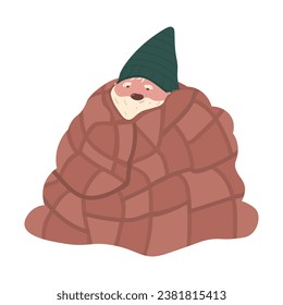 Gnome sits in a big warm blanket for Christmas festive decoration. Flat vector illustration.