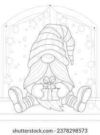 A gnome sits on the windowsill and holds a Christmas present. Cute vector illustration. Coloring.