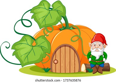 Gnome sitting beside pumpkin house cartoon style on white background illustration