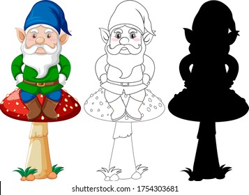 Gnome sitting on mushroom in color and outline and silhouette in cartoon character on white background illustration