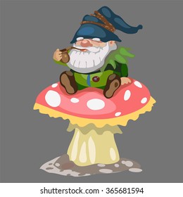 Gnome sitting on a mushroom and Smoking a pipe. Vector.