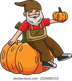 Gnome sentado em um clipart colorido de desenhos animados de abóbora