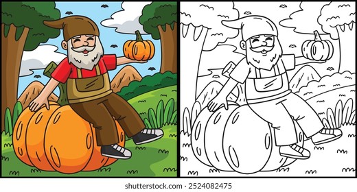 Gnome Sitting on a Pumpkin Coloring Illustration