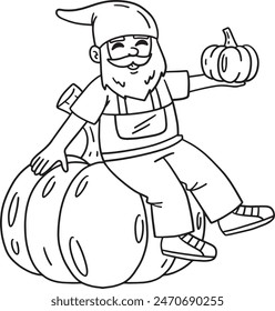 Gnome Sitting on a Pumpkin Isolated Coloring Page