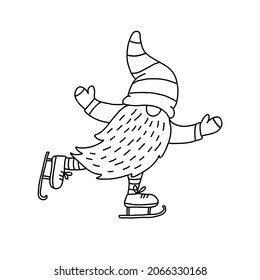Gnome skating. Funny character. Doodle hand drawn vector  illustration isolated on white. Great for coloring books.