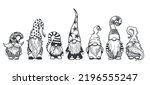 Gnome sketch. Cute garden gnomes scandinavian wizards, bearded gardener little dwarf fairies black vector illustration, coming nordic elf dwarves with beard and mustache