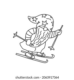 Gnome skiing. Doodle hand drawn vector illustration isolated on white. Great for coloring books.