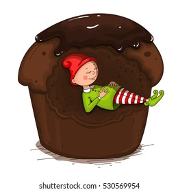 Gnome sleeping in the cake. Isolated vector object.