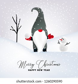 Gnome and snowman play snowballs Merry Christmas Greeting card