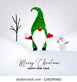Gnome and snowman play snowballs Merry Christmas Greeting card