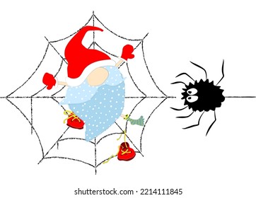 Gnome in spiders net - Halloween vector illustration
