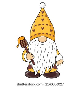 Gnome with a spoon for honey in his hands. Dwarf bees. Garden gnome with beehive and bees. Honey farms. Types of bees. Spring elves with hats. Vector illustration for kids.