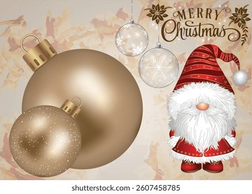 A gnome standing next to Xmas tree ornaments.