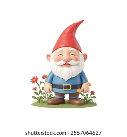 A gnome is standing on a green grass surface. The gnome, dressed in a blue outfit, is adorned with a black belt with a gold buckle. He has a long white beard, a pink mustache, and a pink nose.