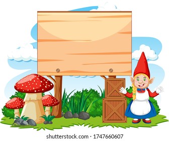 Gnome stehende Position neben einem leeren Banner auf weißem Hintergrund