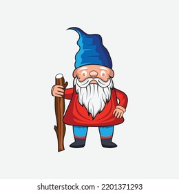 Gnome with stick vector art illustration on white background.