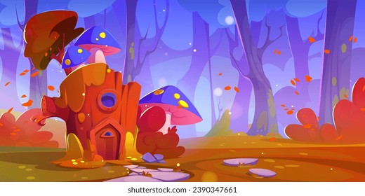 Gnome stump house in autumn forest. Vector cartoon illustration of fairytale woodland with small dwarf hut, round wooden window and door, mushrooms and moss on roof, yellow leaves flying in wind