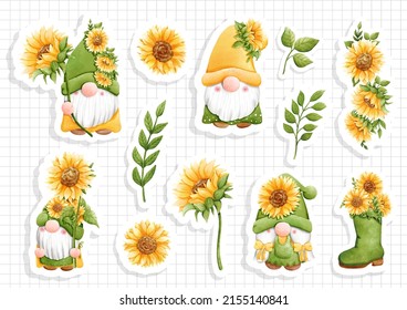 gnome sunflower, gnome summer, vector illustration