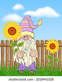 Gnome con girasoles. El pequeño jardín de verano se come con un sombrero divertido. Agradables vacaciones con flores para tarjetas de felicitación o invitación.