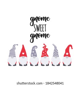 Gnome sweet gnome. Cute funny Christmas print. Simple gmones icons. Vector