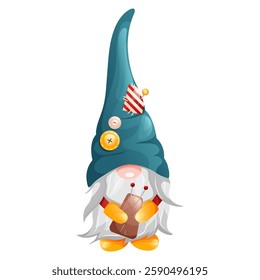 Gnome tailor with beard and colorful high hat with buttons and patches of fabric holds a skein of thread and knitting needles. Vector illustration cartoon style.