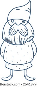 A gnome with a tall hat and bushy beard in a simple line drawing style. The character stands with a quirky expression and oversized feet. Cartoon vector illustration.
