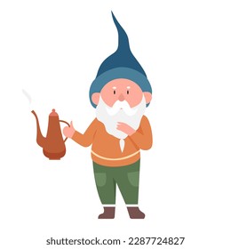 Gnome with tea kettle. Fairytale character holds teapot, magic dwarf vector illustration svg