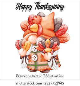 Gnome Thanksgiving Fall Autumn Balloon Heart Face Turkey and Cockscomb Turkey Colorful Elements Watercolor Vector File ,Clipart Cute cartoon style For banner, poster, card, t shirt, sticker