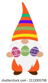 Gnome with three Easter eggs. Vector illustration isolated on white.