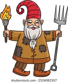 Gnome com uma Tocha e Pitch Fork Cartoon Clipart