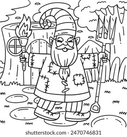 Gnome with a Torch and Pitch Fork Coloring Page 