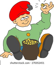 gnome with treasure vector illustration; Leprechaun found a gold; colorful illustration;  gnome with gold; Leprechaun with gold; sitting gnome