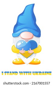 Gnome in Ukrainian colors blue and yellow in the hands of the heart of Ukraine. Support for Ukraine in the cartoon