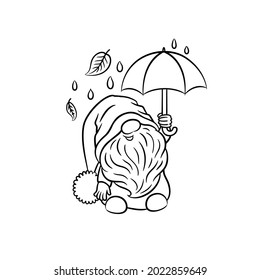Gnome with umbrella. Scandinavian gnome fall season. Autumn vector illustration line art doodle. Cute character little dwarf cheerful funnny gnome. Line drawing isolated on white background.