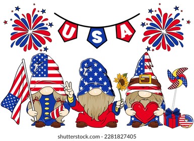 Gnome USA , grupo de tres lindos 4 de Julio Independencia de América. Gnome sujetando el cracker y la bandera en las manos y Elemento , dibujo de dibujos animados EPS vectoriales. Diseño de ilustración de archivo para camiseta