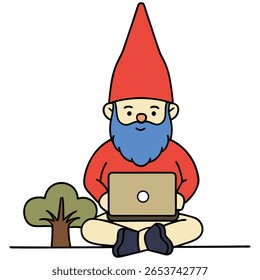 Gnome mit Laptop-Computer im Freien mit Baumtechnologie