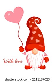 gnome, valentine, valentines day, card, love, celebration, heart, print, background, vector, graphic, tonttu, red, pink, romantic, elf, balloon, illustration, postcard, 14 february, with love, happy, 
