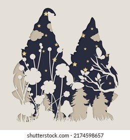 Gnome vector. Flowers and butterflies. Layered paper cut background. Paper cut out style Shadow box