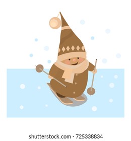 Gnome Vector Illustration Vector flat elf character portrait isolated. Happy New Year, Merry Xmas design element. Cute gnome.Skiing.Vector flat christmas santa claus elf character