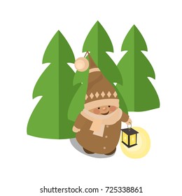 Gnome Vector Illustration Vector flat elf character portrait isolated. Happy New Year, Merry Xmas design element. Cute gnome with lamp.Vector flat christmas santa claus elf character.Elf Christmas.