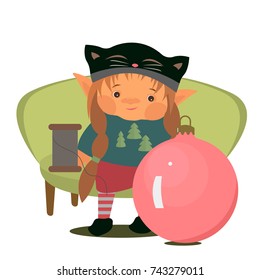 Gnome Vector Illustration Vector flat elf character portrait isolated. Happy New Year, Merry Xmas design element. Cute gnome sitting on the couch. .Vector flat christmas santa claus elf character.