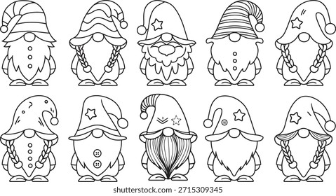 Gnome Vector Set, Cute Scandinavian Holiday Dwarf Line Art