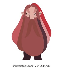 Um gnomo com uma longa barba vermelha, bigode e cabelo. Ilustração vetorial para embalagem, cartões de saudação e papel de embrulho, presentes, cartazes.