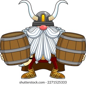 Personaje De Caricatura Guerrero Lleva Dos Barriles De Cerveza De Madera. Ilustración dibujada a mano vectorial aislada en fondo transparente