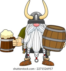 Gnome Viking Warrior Cartoon Character Holding Mug of Beer And Wooden Barrel. Vector Hand Drawn Illustration Isolated On Transparent Background