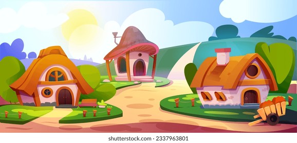 Gnome village with houses. Fairytale landscape with cute dwarf stone buildings with wooden roof, hills and grass. Horizontal fantasy scenery with fairies home. Cartoon flat vector illustration